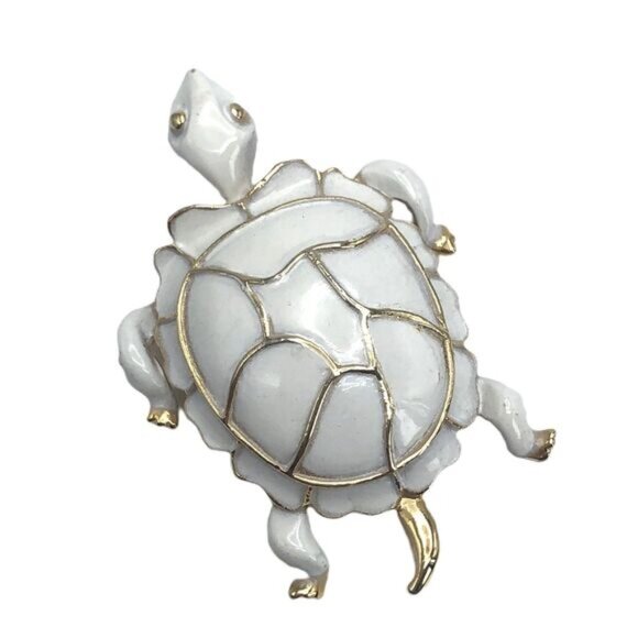 Jewelry - Vintage Turtle Enameled Brooch Pin White Gold 2 Inch